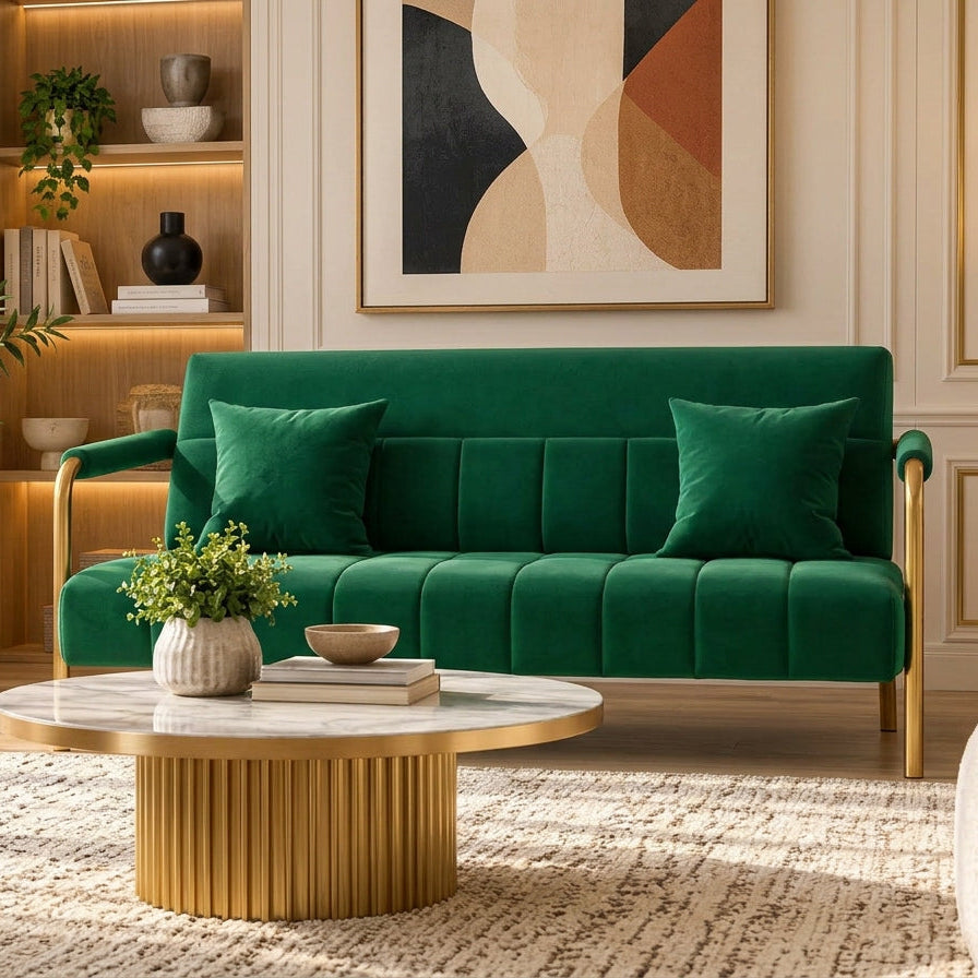 Costoffs Modern Velvet Loveseat Sofa – 2-Seater Channel Tufted Sofa with Gold Metal Frame