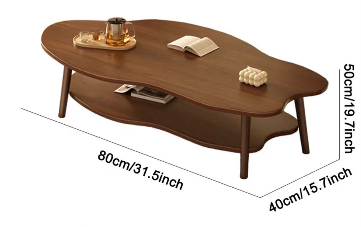 Cloud Coffee Table – Dark Wood Organic Shape with Open Shelf