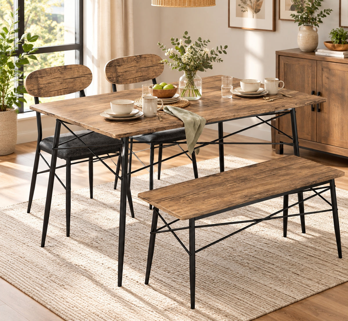 Industrial Dining Table Set with Bench & 2 Upholstered Chairs – Rustic Brown