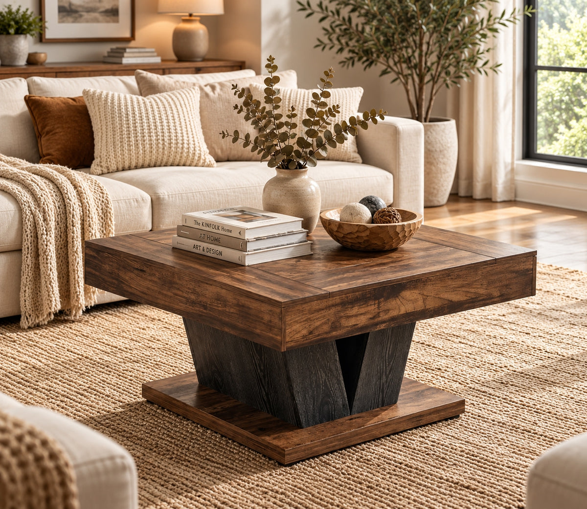 Modern Rustic Square Coffee Table – Brown Wood Finish with Geometric Pedestal Base
