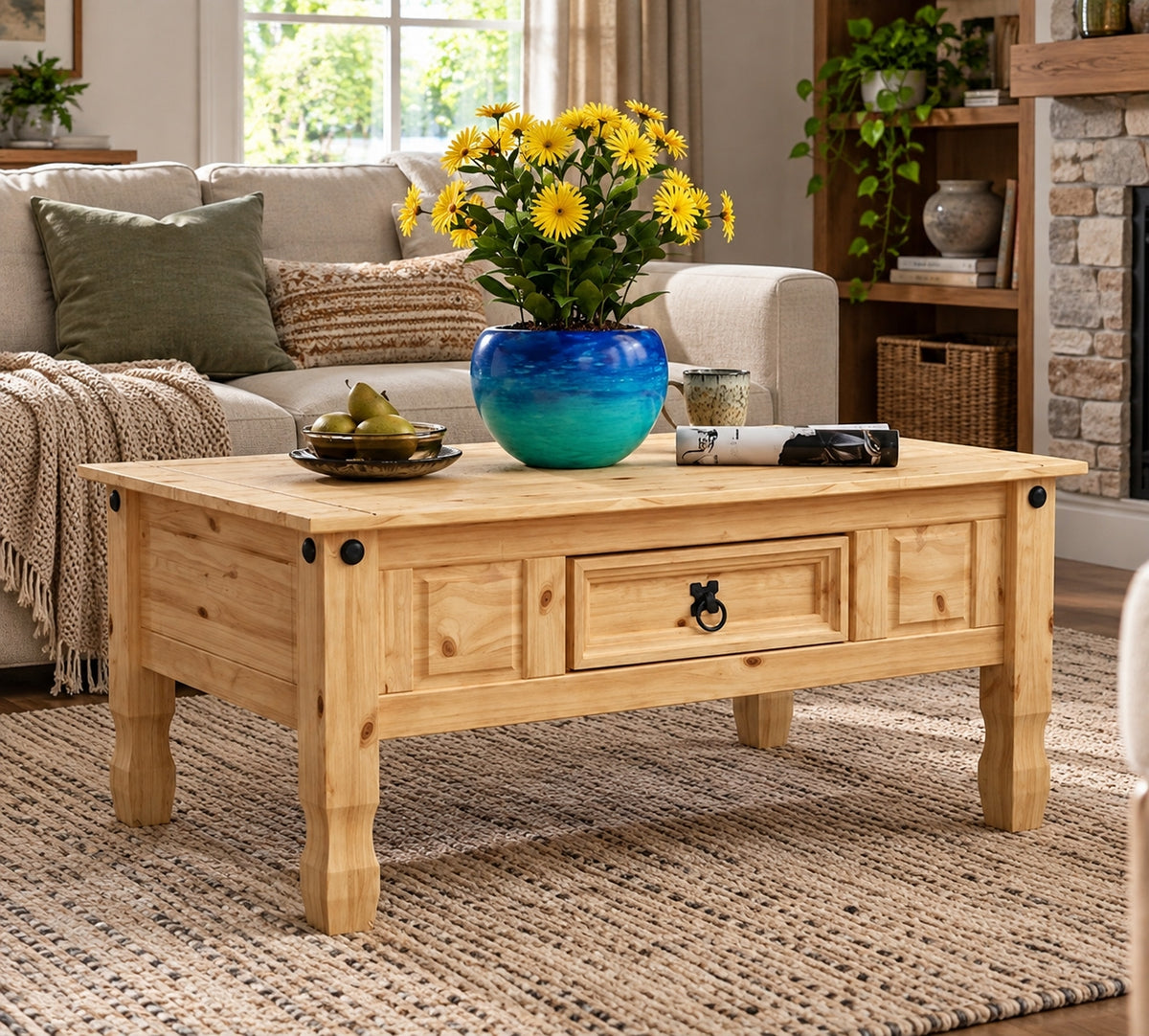 Corona Rustic Pine Coffee Table with 1 Drawer – Mexican Style Living Room Table