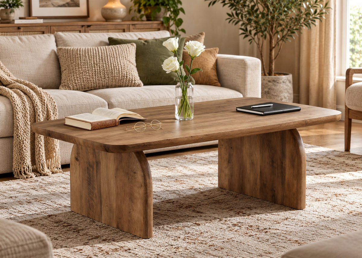 Rustic Brown 47-Inch Farmhouse Coffee Table – Rounded Wood Finish