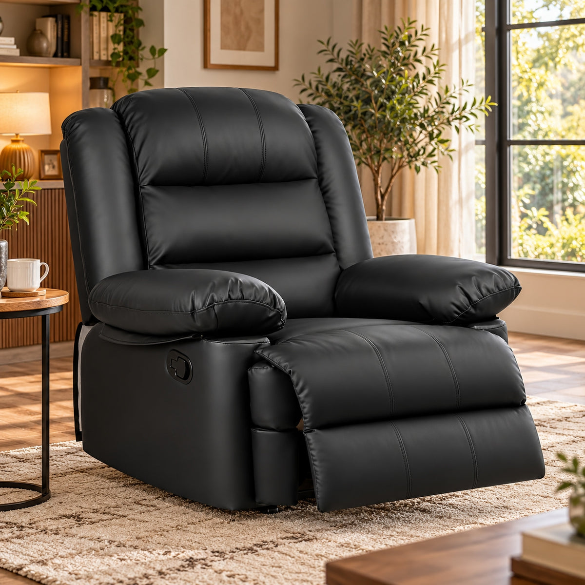 GartistGo Manual Reclining Chair – Black Leather-Look Padded Armchair with Extendable Footrest
