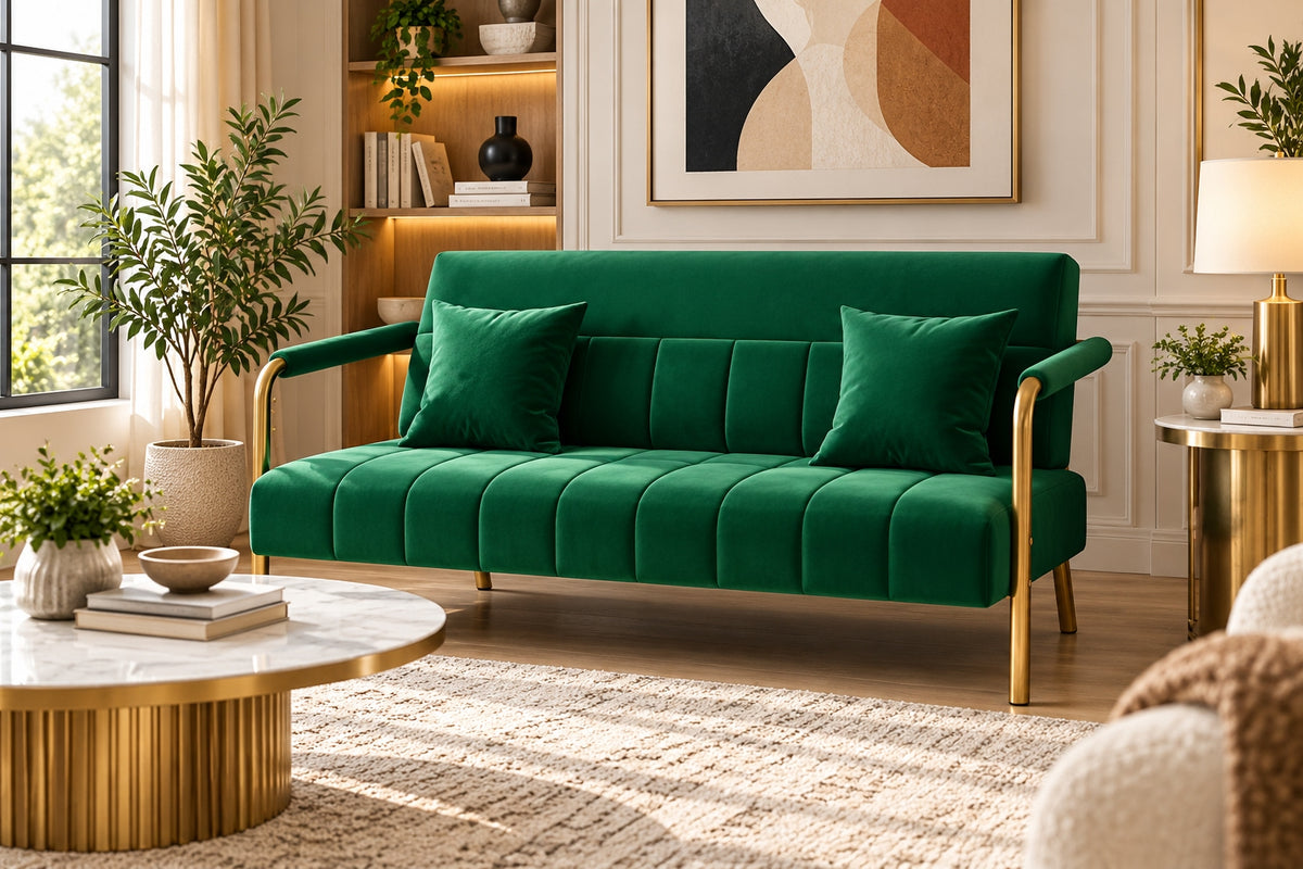 Costoffs Modern Velvet Loveseat Sofa – 2-Seater Channel Tufted Sofa with Gold Metal Frame