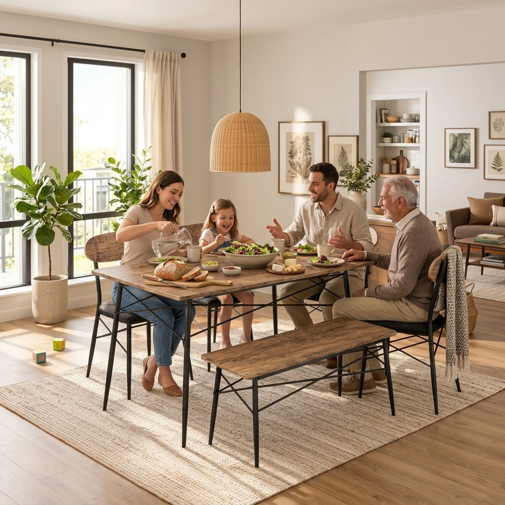 Industrial Dining Table Set with Bench & 2 Upholstered Chairs – Rustic Brown