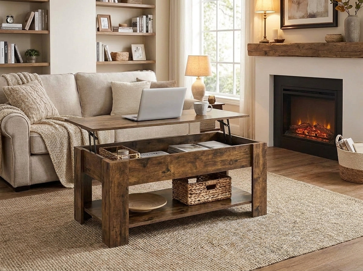 Rustic Brown Lift-Top Coffee Table with Hidden Storage & Lower Shelf