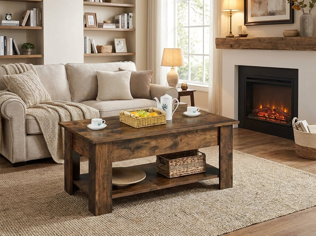 Rustic Brown Lift-Top Coffee Table with Hidden Storage & Lower Shelf