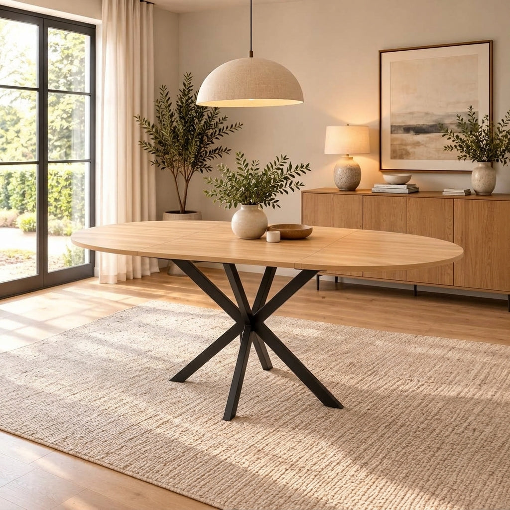 Natural Oak Extendable Round Dining Table with Black Spider Legs