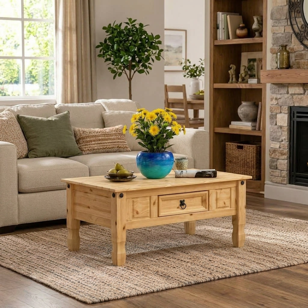 Corona Rustic Pine Coffee Table with 1 Drawer – Mexican Style Living Room Table