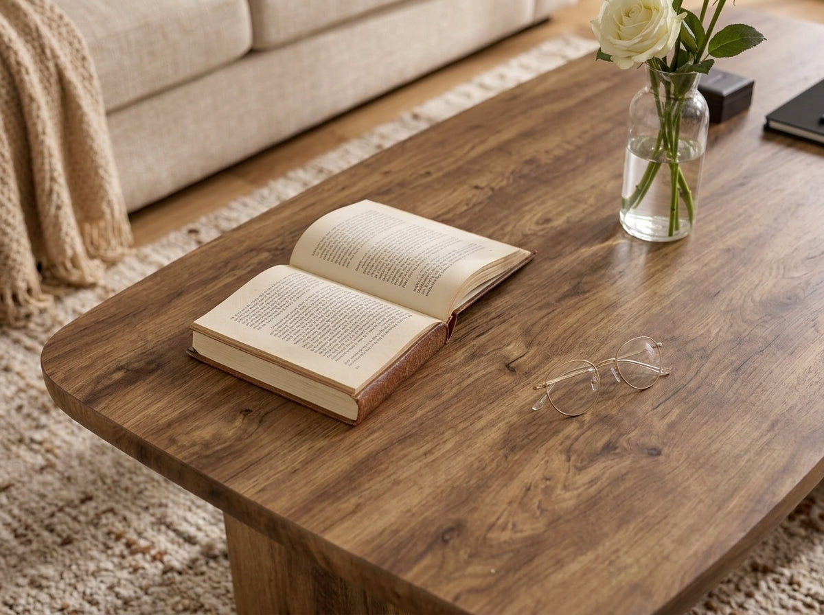 Rustic Brown 47-Inch Farmhouse Coffee Table – Rounded Wood Finish