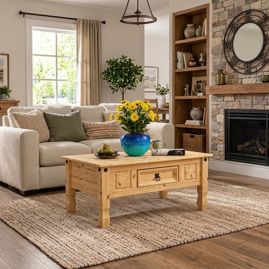 Corona Rustic Pine Coffee Table with 1 Drawer – Mexican Style Living Room Table