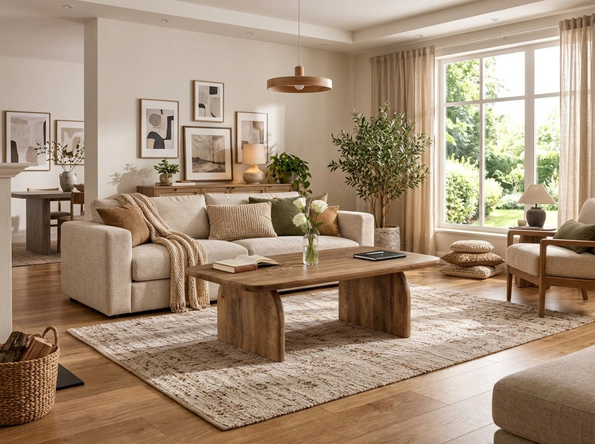 Rustic Brown 47-Inch Farmhouse Coffee Table – Rounded Wood Finish