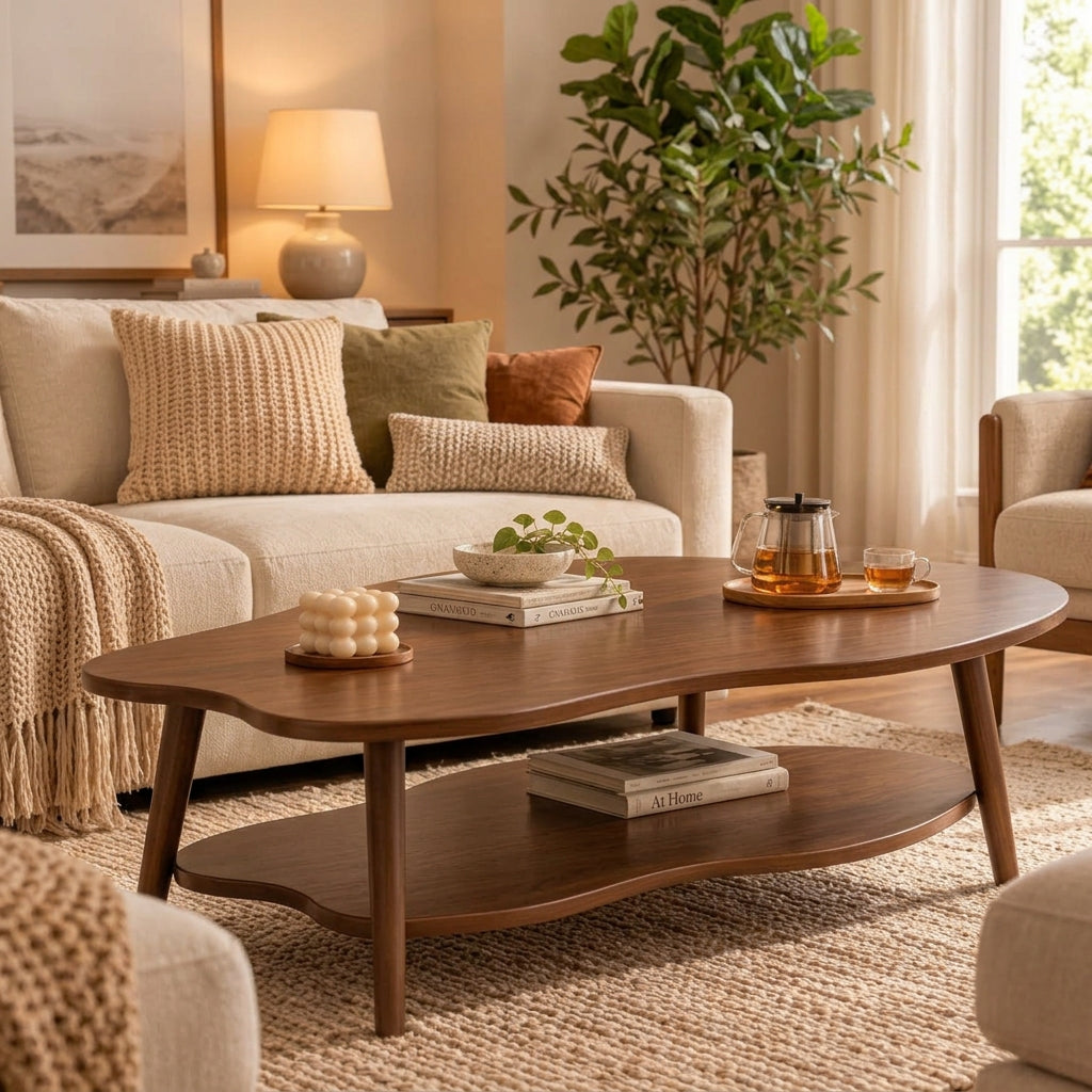 Cloud Coffee Table – Dark Wood Organic Shape with Open Shelf