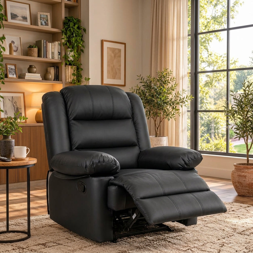GartistGo Manual Reclining Chair – Black Leather-Look Padded Armchair with Extendable Footrest