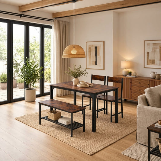Modern Industrial Dining Table Set with Bench & 2 Chairs – Rustic Walnut Finish
