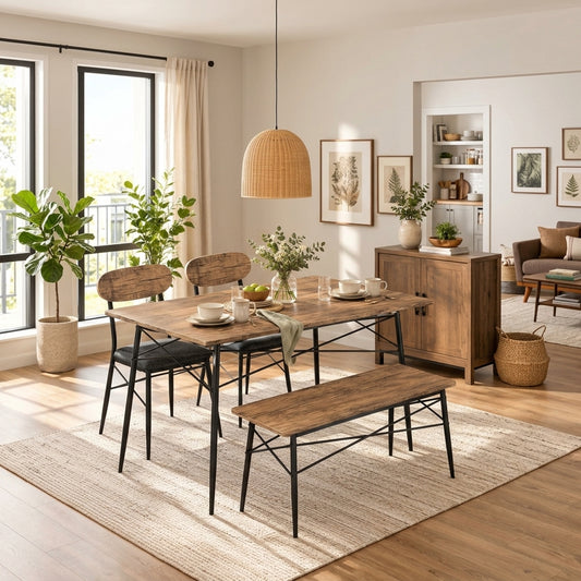 Industrial Dining Table Set with Bench & 2 Upholstered Chairs – Rustic Brown