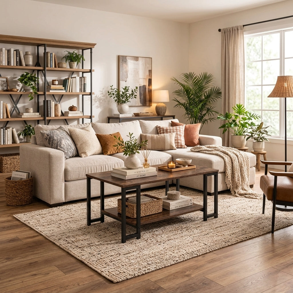 ERGOMASTER Industrial 2-Tier Coffee Table – Rustic Brown with Black Metal Frame