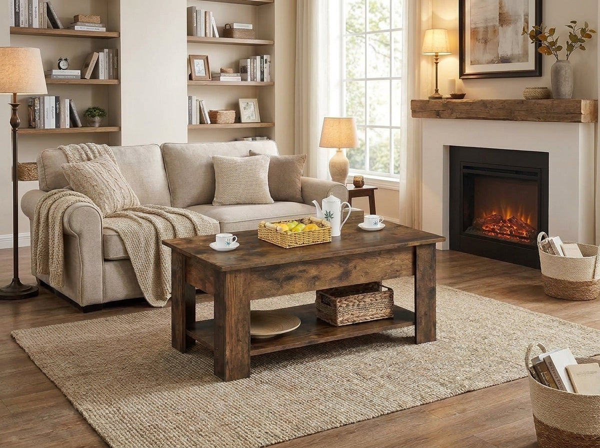 Rustic Brown Lift-Top Coffee Table with Hidden Storage & Lower Shelf