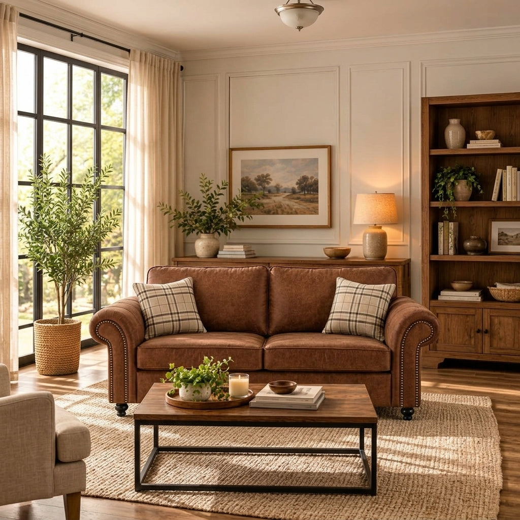 Oakland Brown Faux Leather Chesterfield 3+2 Seater Sofa Set – Traditional Scroll Arm Living Room Suite