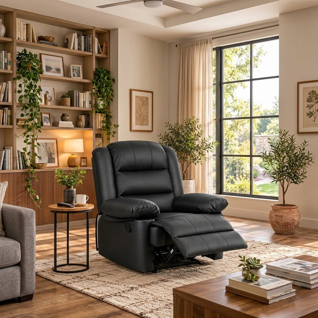 GartistGo Manual Reclining Chair – Black Leather-Look Padded Armchair with Extendable Footrest