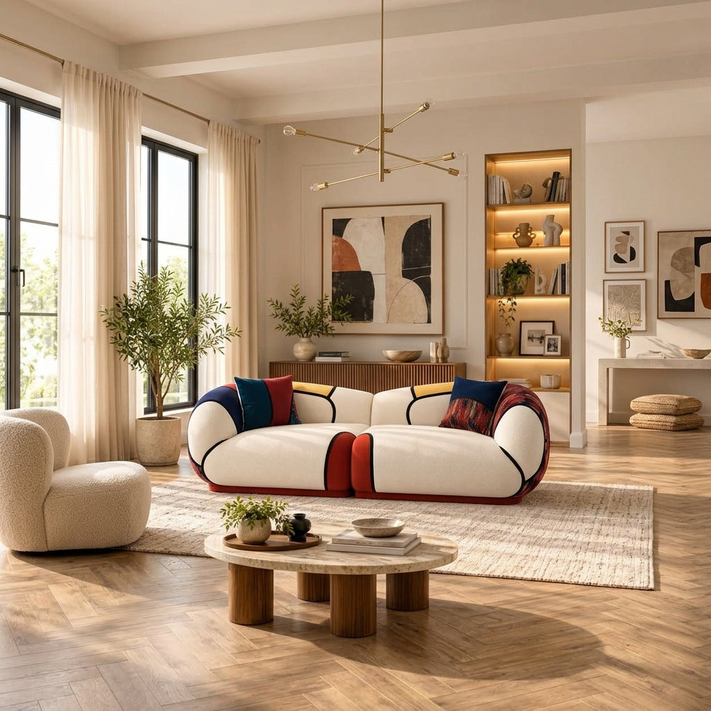 Oversized Modern Curved 4-Seater Sofa – Modular Chenille Colour Block Lounge Couch